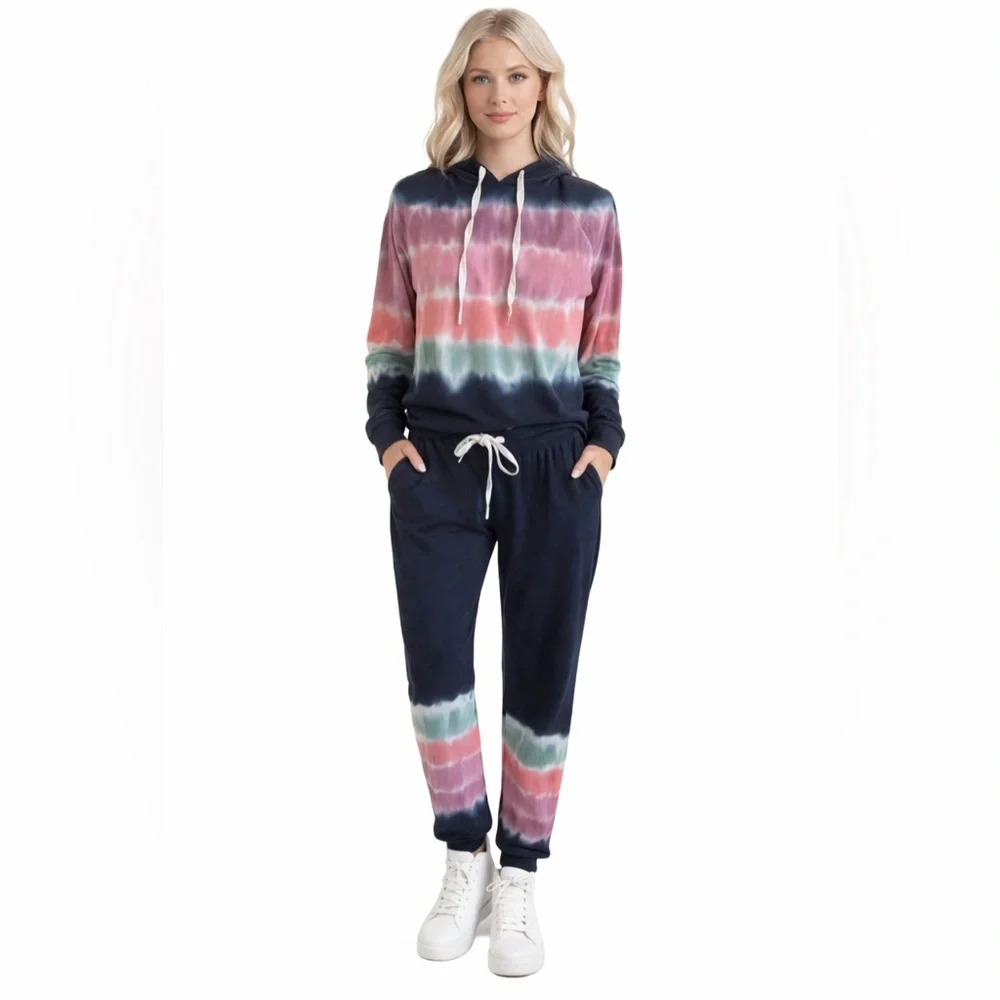 PJ Salvage Lounge Tie Dye Hooded Pullover Pajama Top Navy Blue Pink Soft Boho